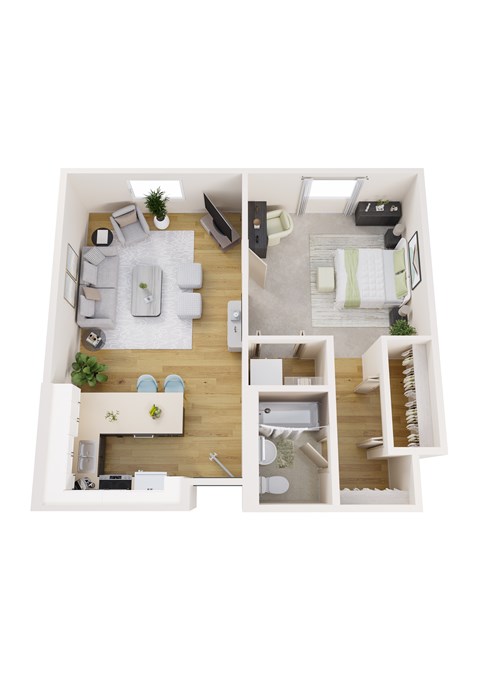 Floor plan for 1 bed, 1 bath, 644 sqft